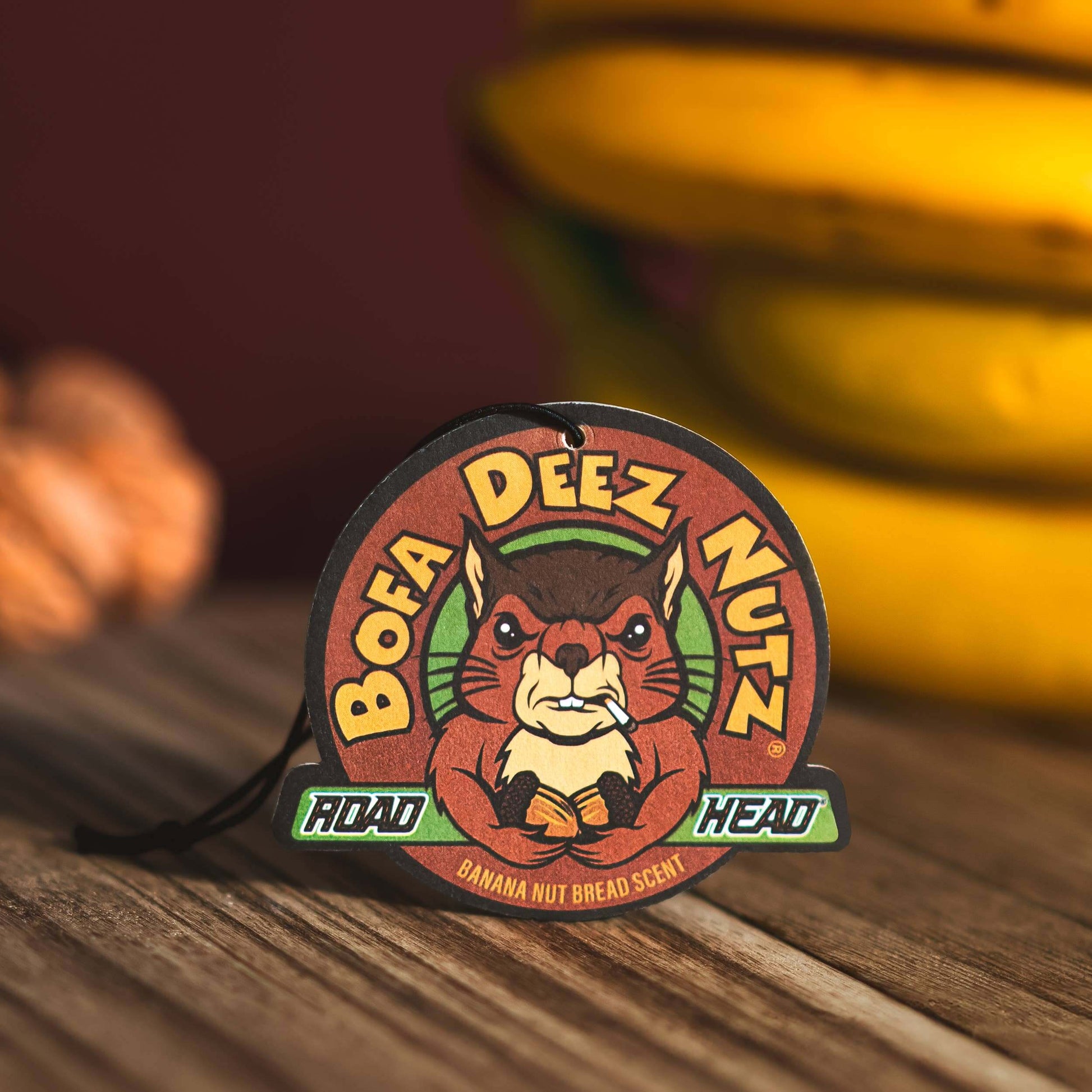 Bofa Deez Nutz air freshener with squirrel design and banana nut bread scent.