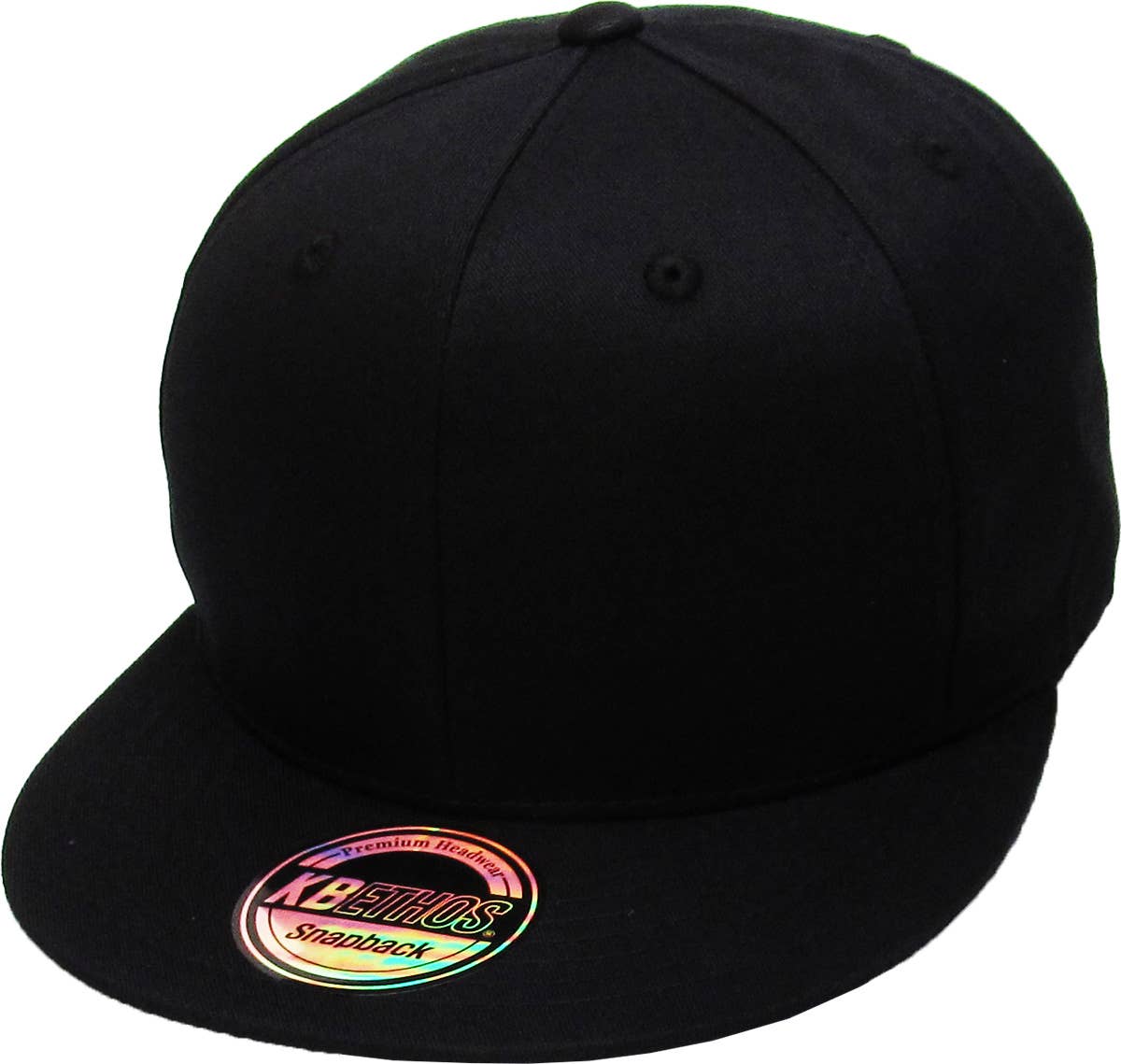 Black flat-brimmed snapback cap with KBETHOS logo.