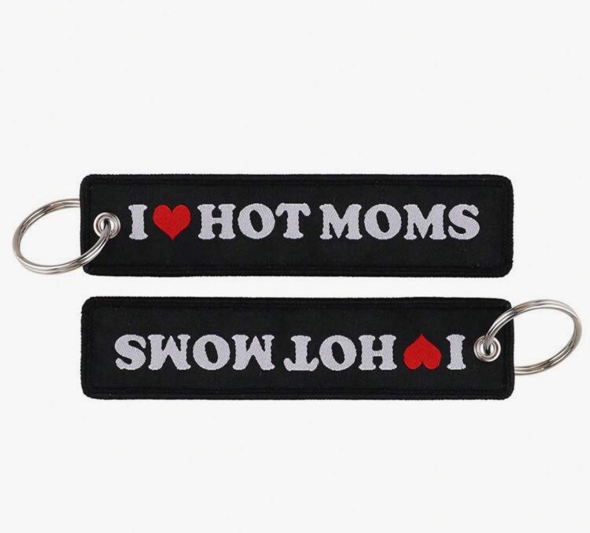Black keychains with I  HOT MOMS text in white and red.