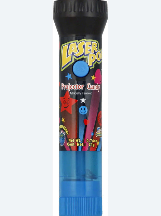 Laser Pop projector candy tube with colorful design and buttons.