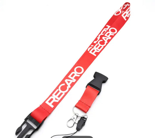 Red RECARO lanyard with black buckle and metal clip.