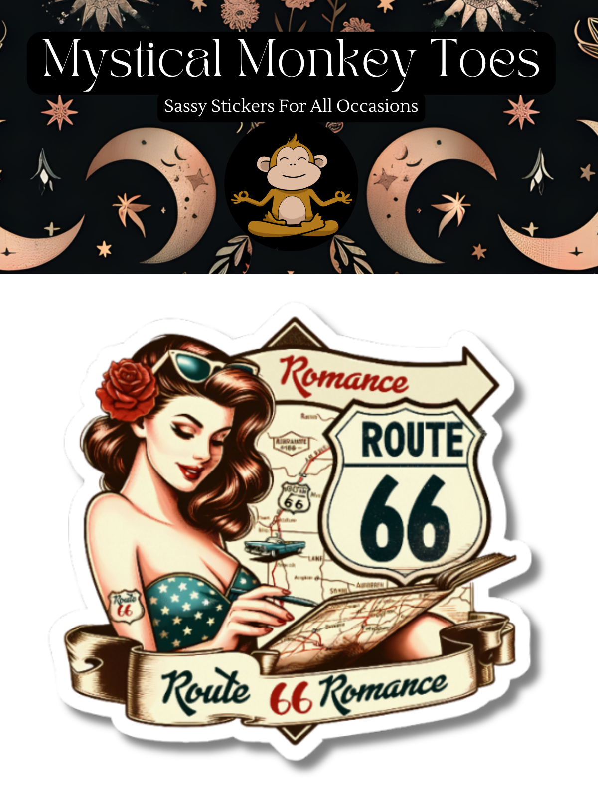Vintage Route 66 sticker featuring a woman with a map and rose.