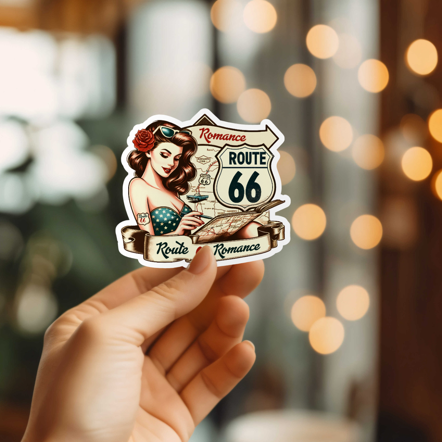 Vintage Route 66 sticker featuring a retro woman holding a map.
