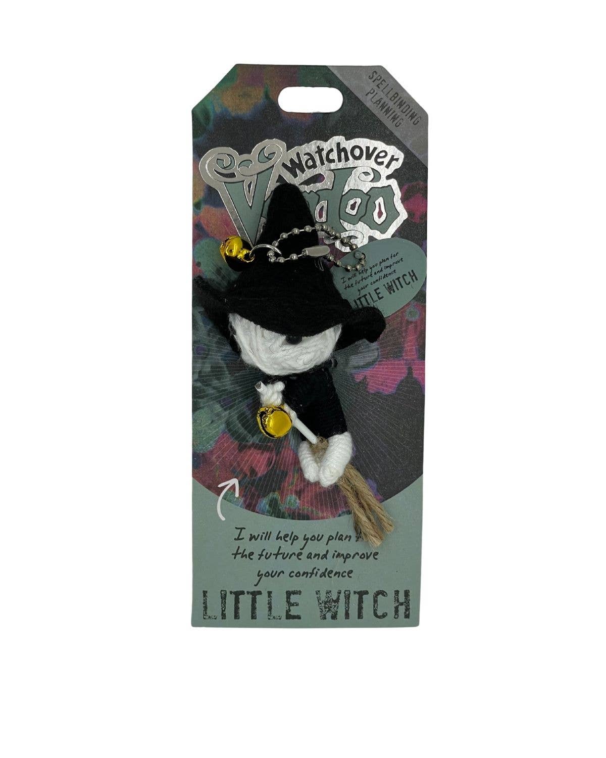 Little Witch keychain with hat and broom on colorful packaging.