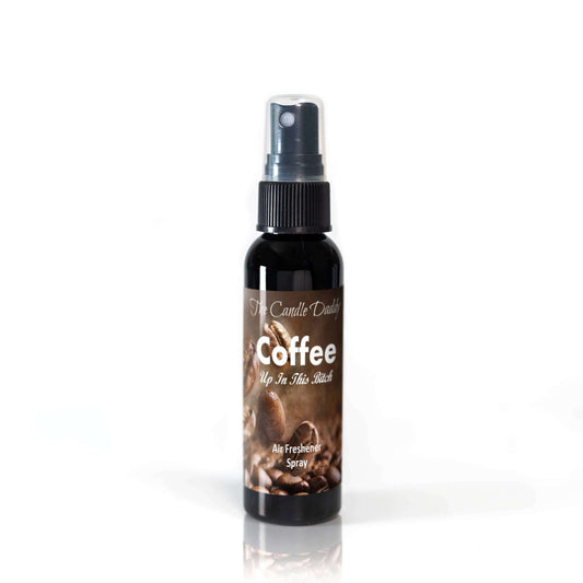 Coffee-scented air freshener spray with coffee beans on label.