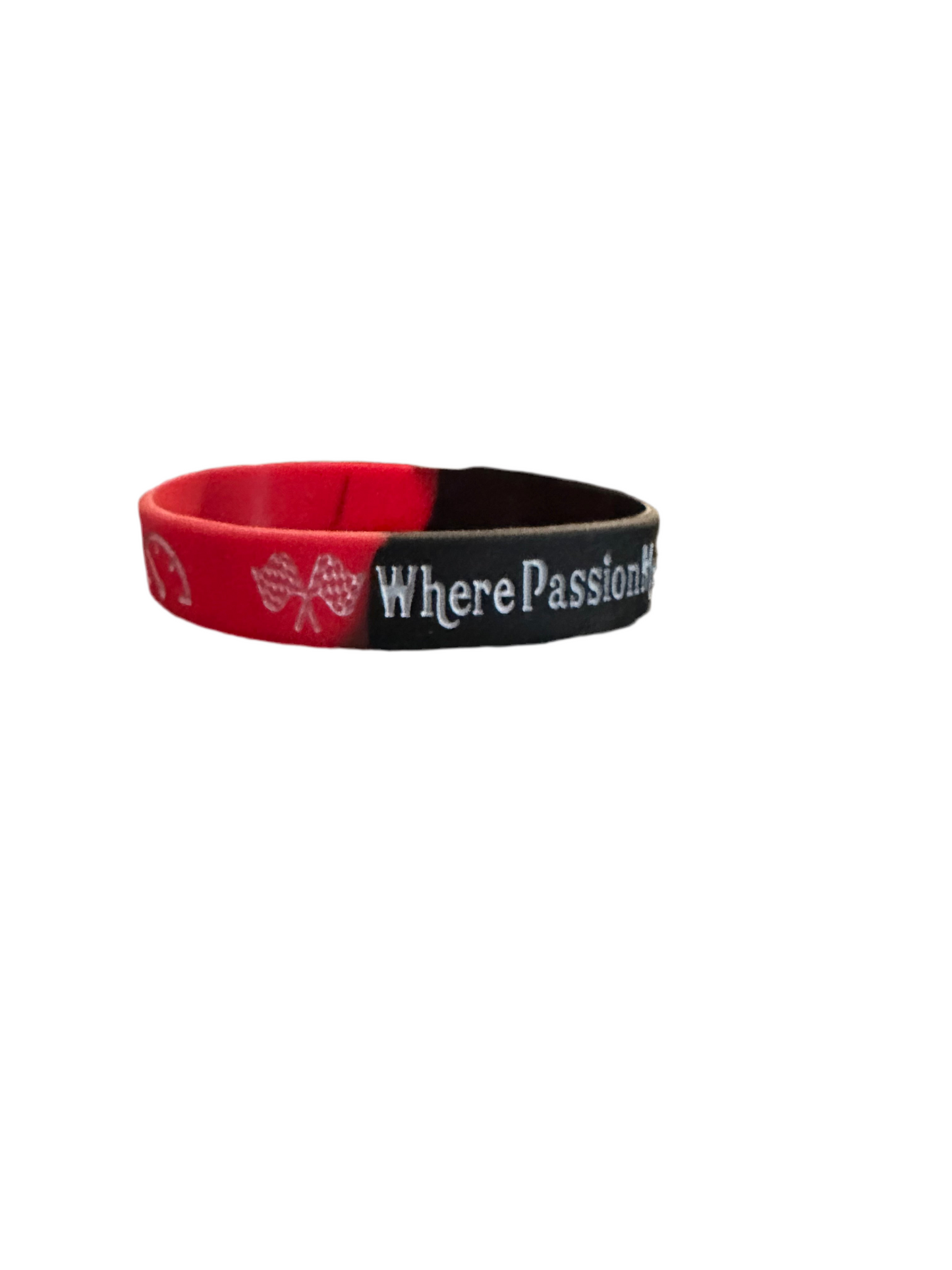 Red and black wristband with Where Passion text and racing flag design.