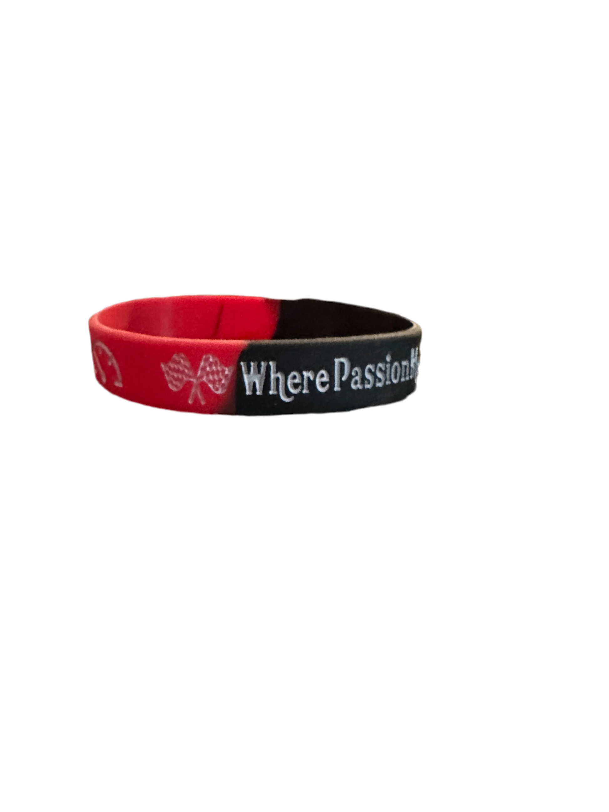 Red and black wristband with Where Passion text and racing flag design.