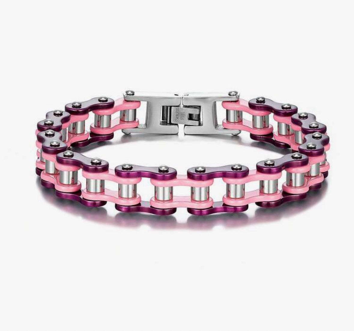 Pink and purple motorcycle chain bracelet with silver clasp.