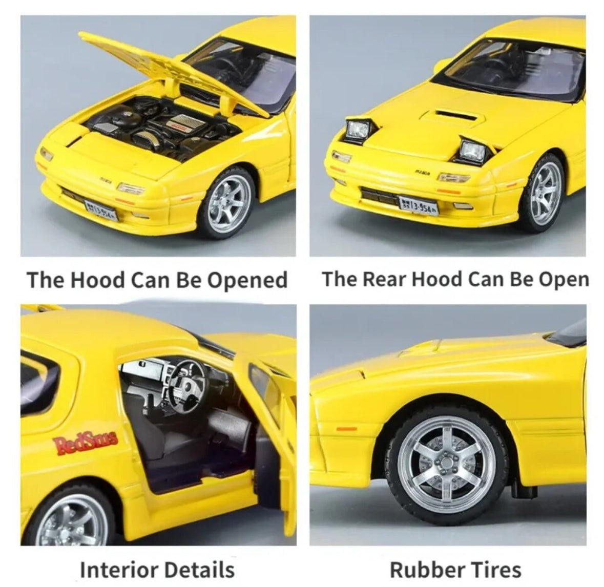 Yellow die-cast car model with open hood, rear hood, interior, and rubber tires.