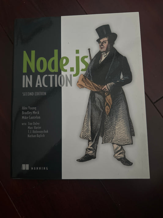 Node.js in Action, Second Edition book cover with vintage illustration.