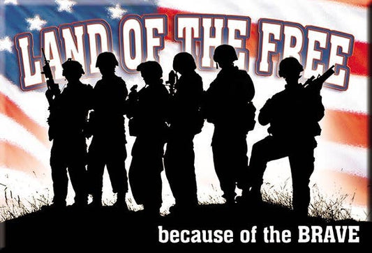 Silhouette of soldiers with Land of the Free text and American flag background.