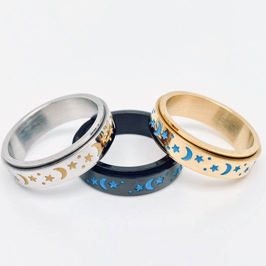 Luminous Stainless Steel Star Moon Rotatable Ring - MS