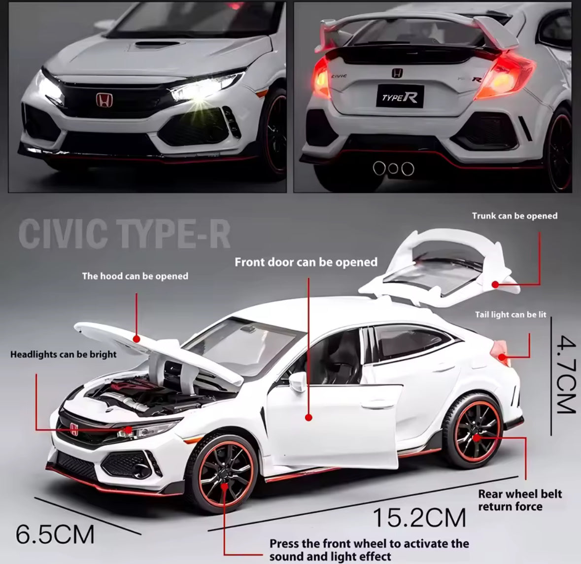 White Honda Civic Type-R model car with open hood, doors, and trunk.