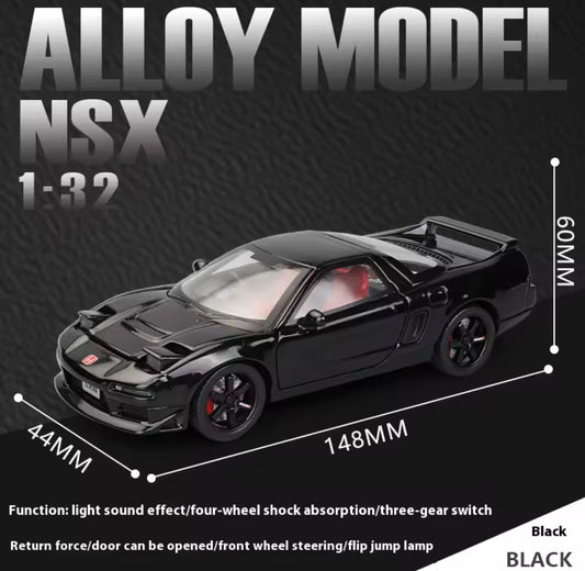 Black 132 scale NSX alloy model car with dimensions marked.