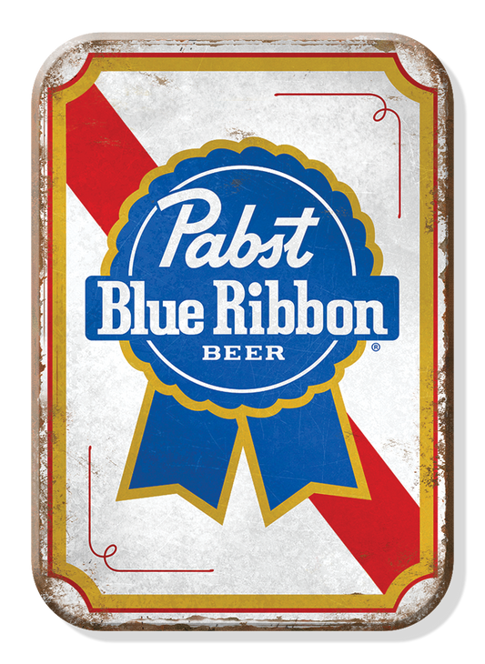 Vintage Pabst Blue Ribbon beer sign with blue ribbon logo.