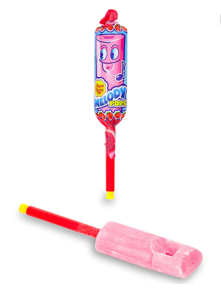 Chupa Chups Melody Pops Pink candy with music-themed wrapper and frozen stick.