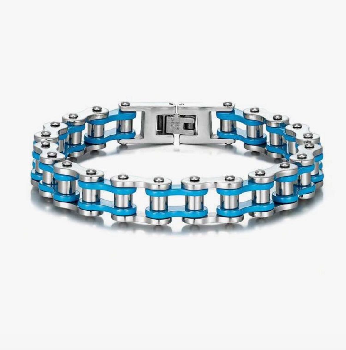 Stainless steel motorcycle chain bracelet with blue links and silver hardware.