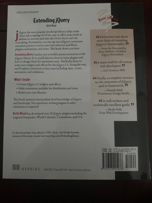 Back cover of Extending jQuery by Keith Wood, a guide on customizing the jQuery library.