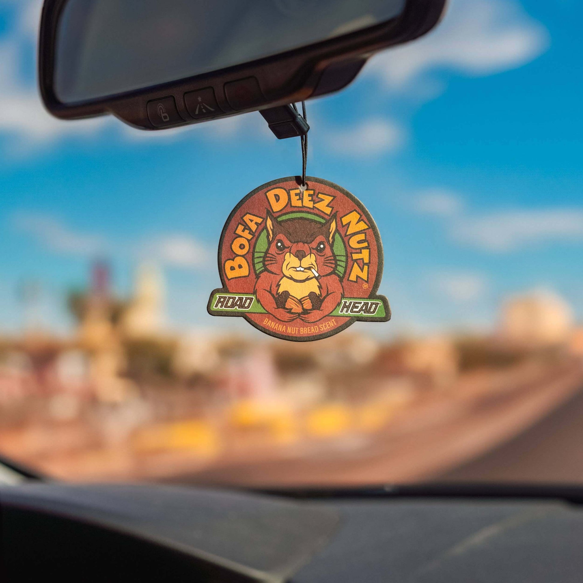 Car air freshener featuring a squirrel design with Bofa Deez Nutz text.