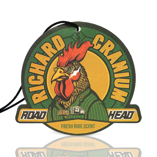 Richards Cranium Road Head Fresh Ride Scent air freshener with rooster design.