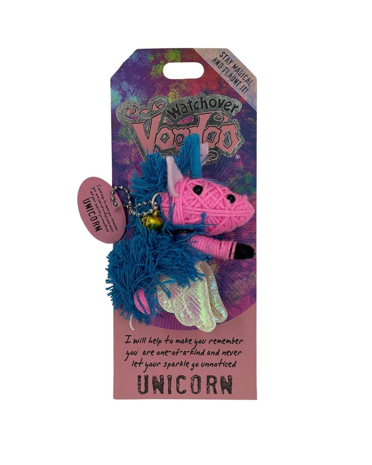 Pink yarn unicorn keychain with blue mane and horn, on colorful packaging.