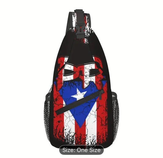 Sling bag with Puerto Rican flag and Spartan helmet design.