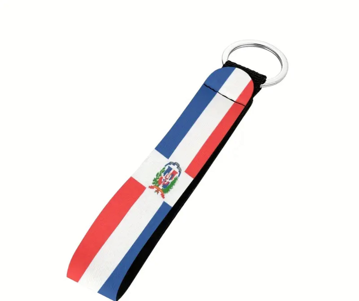 Dominican flag-inspired keychain with red, white, and blue stripes.