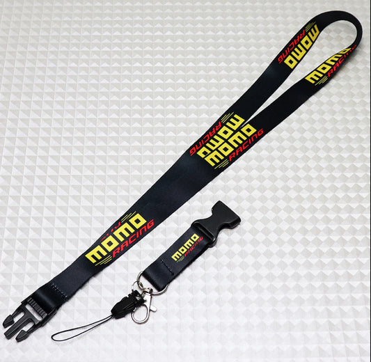 MOMO Racing black lanyard with adjustable buckle and key ring.