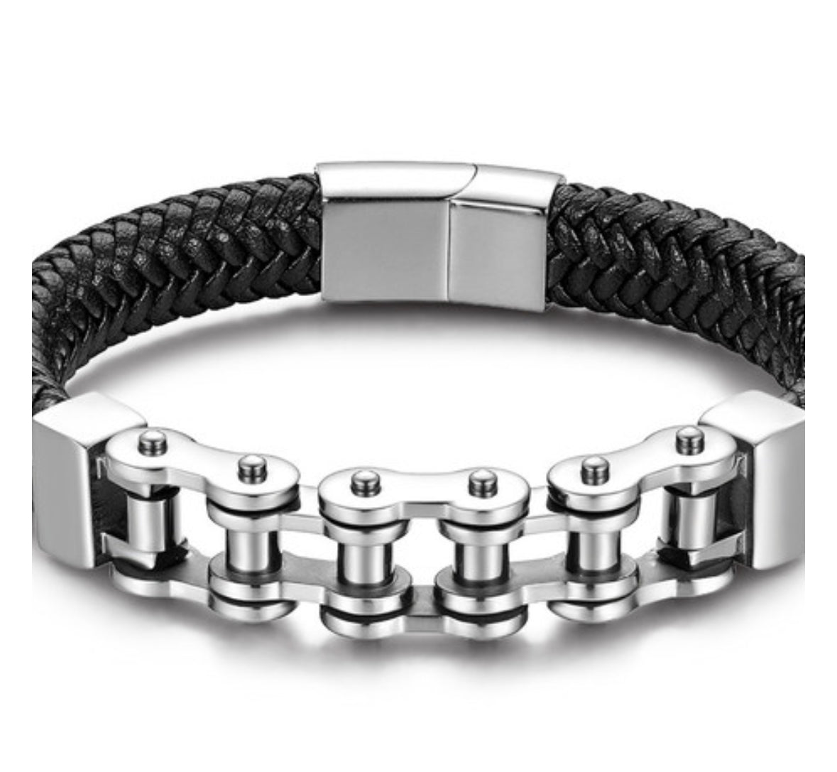 Black braided leather bracelet with silver chain links and magnetic clasp.