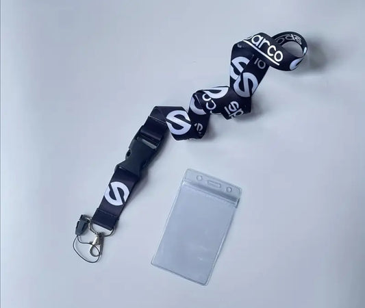 Black lanyard with white logos and clear ID holder.