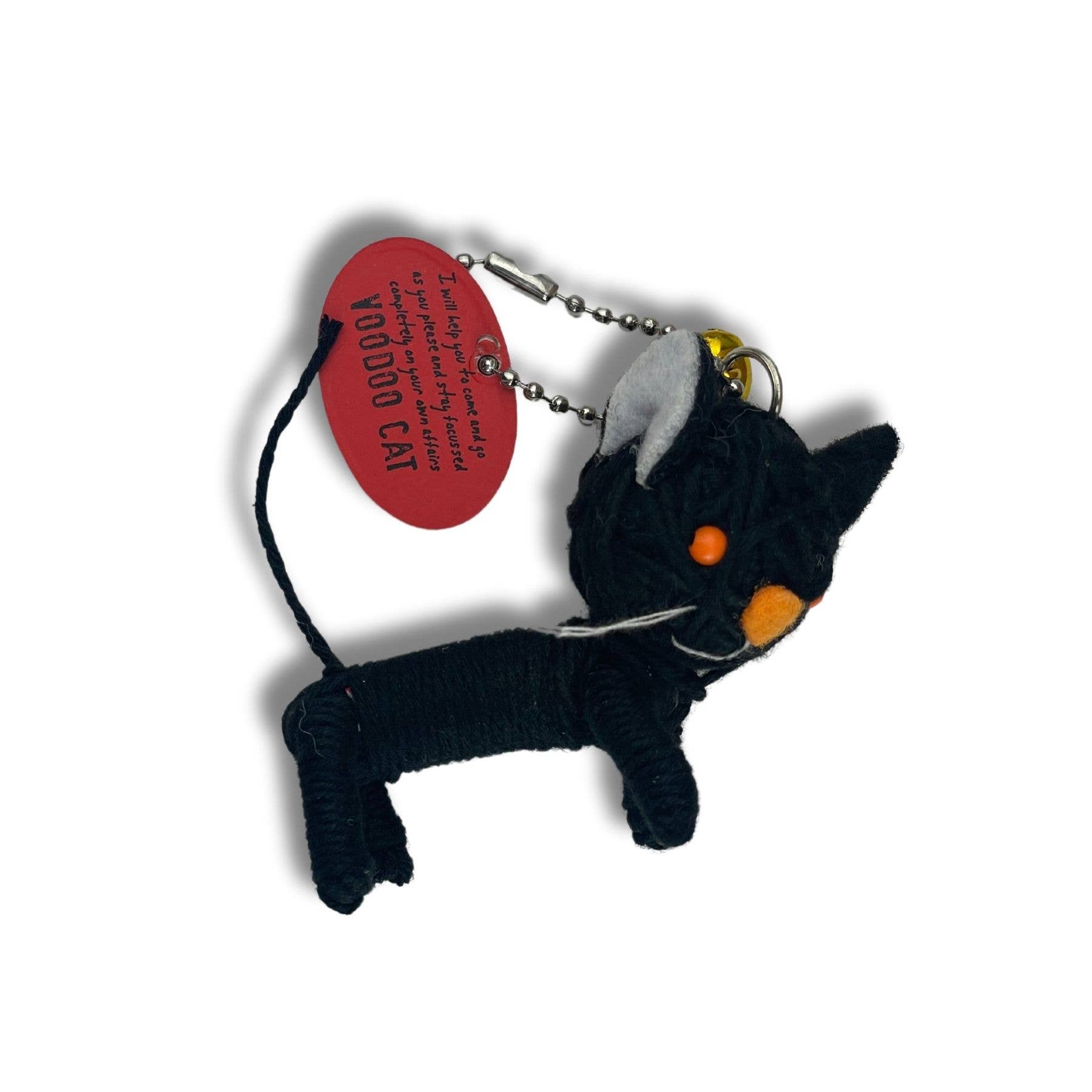 Black voodoo cat keychain with red tag and beads.