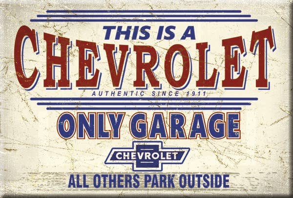 Vintage Chevrolet garage sign with classic design and text.
