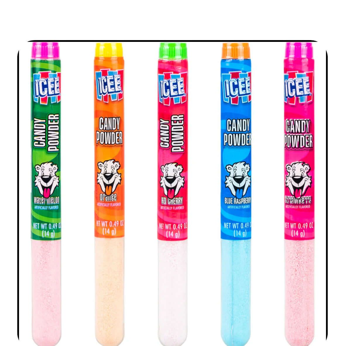 Five colorful ICEE candy powder sticks with different flavors.