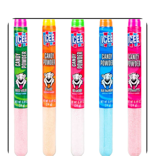 Five colorful ICEE candy powder sticks with different flavors.
