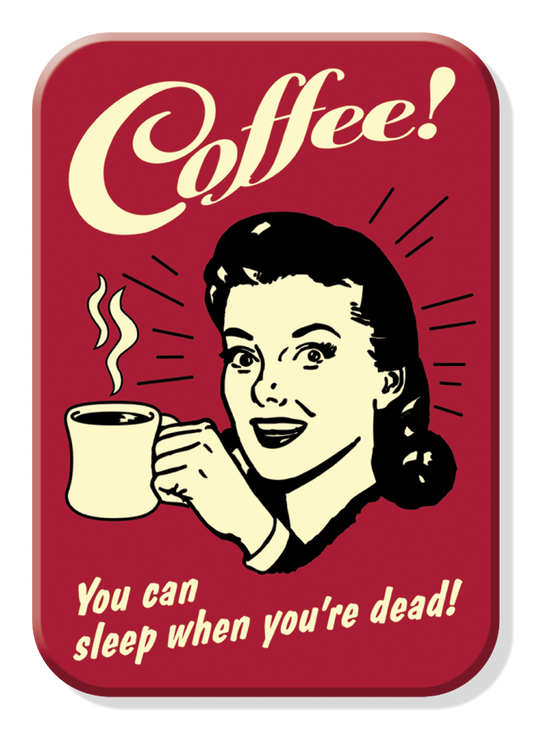 Vintage coffee poster with woman holding a steaming cup.