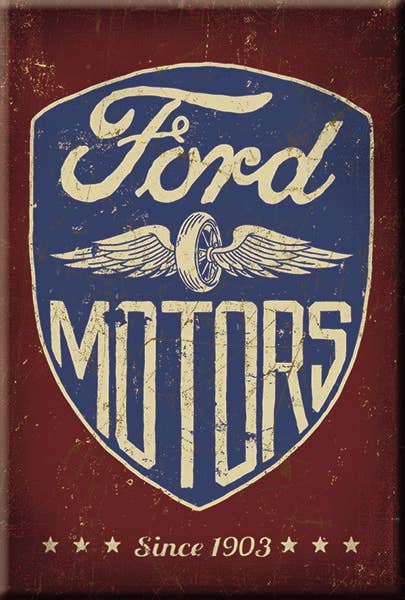 Vintage Ford Motors logo with wings and shield design.