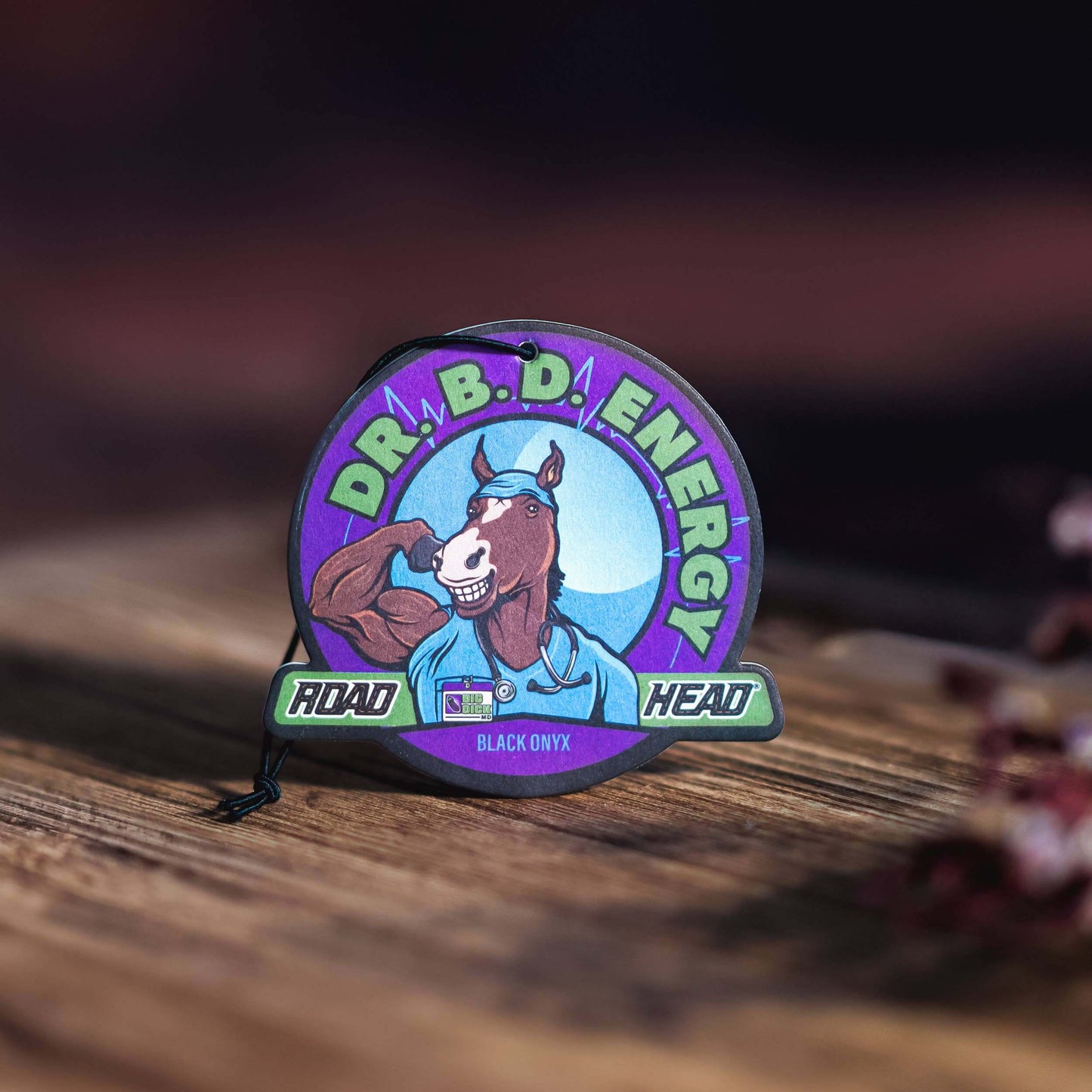 Purple circular sticker featuring a cartoon horse labeled Dr. B.D. Energy with Road Head text below.