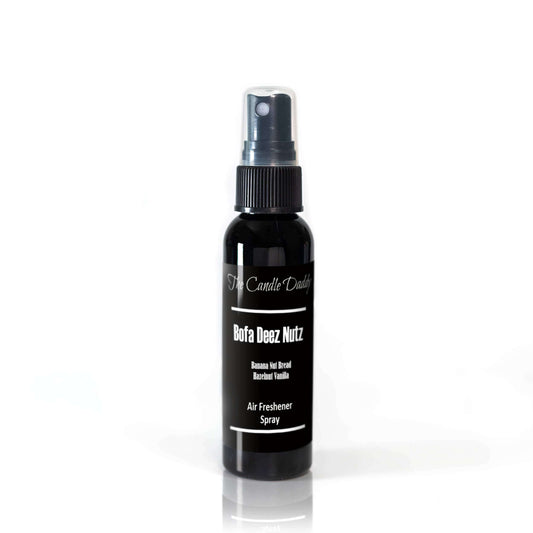 Black spray bottle labeled Bofa Deez Nutz with banana nut bread and hazelnut vanilla scents.