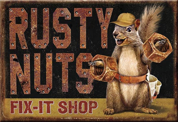 Magnet: Rusty Nuts Garage Metal wrapped with printed media
