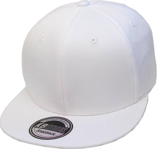 White flat-brimmed snapback cap with KB Ethos logo.