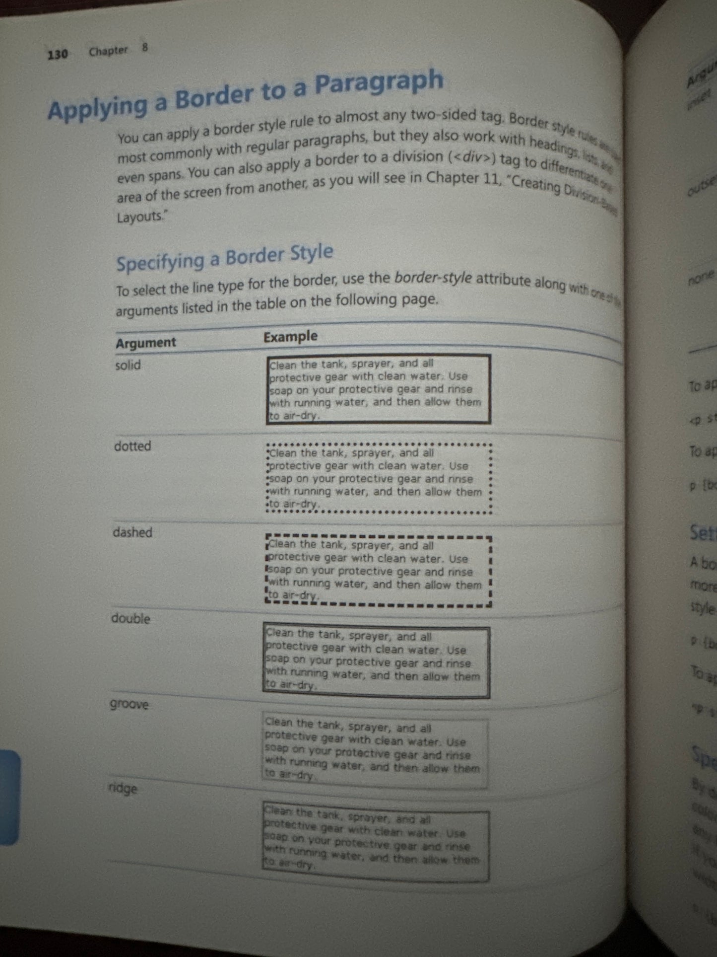 Book page showing different border styles for paragraphs.