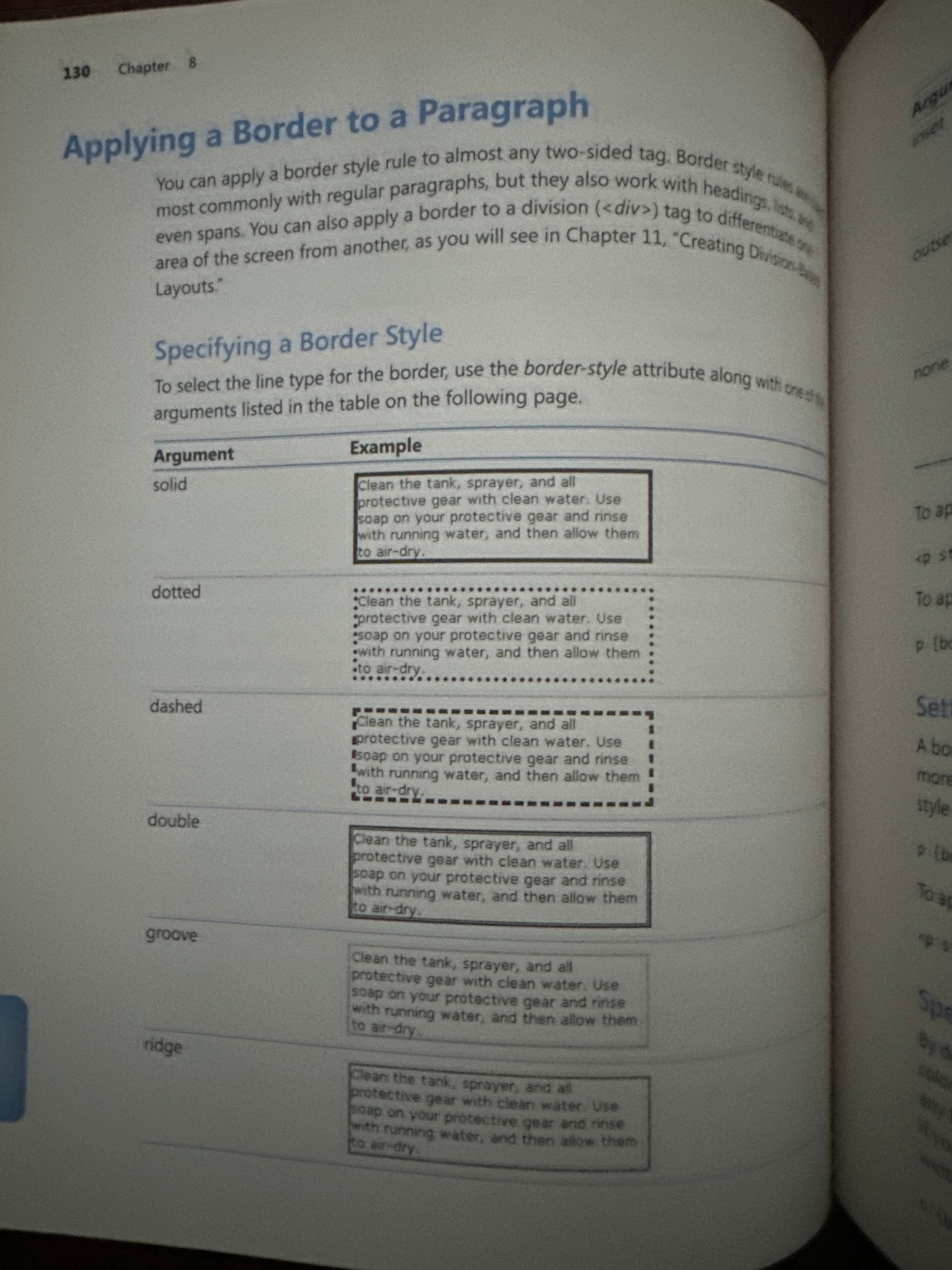 Book page showing different border styles for paragraphs.