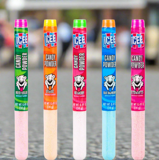 Five colorful ICEE candy powder sticks with different flavors.