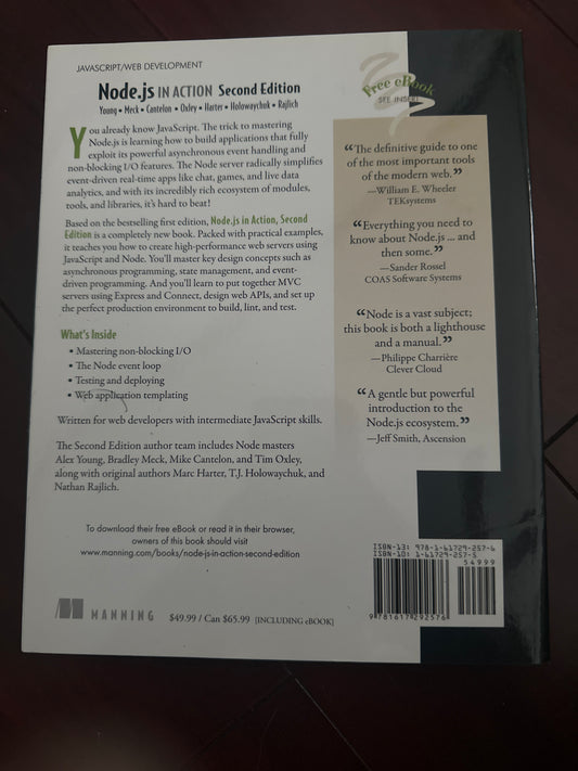 Back cover of Node.js in Action Second Edition book with reviews and details.