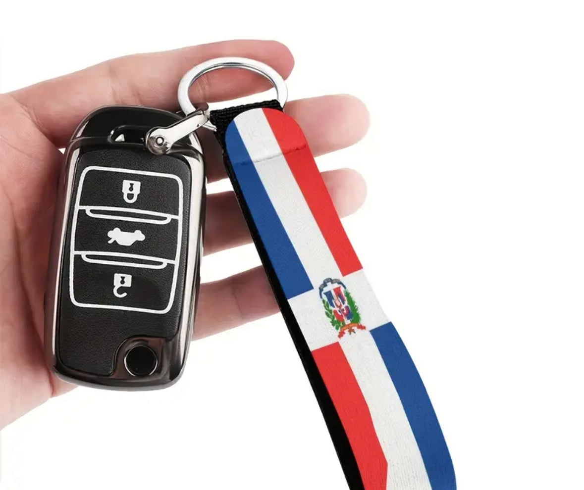 Dominican flag keychain with remote control car key.