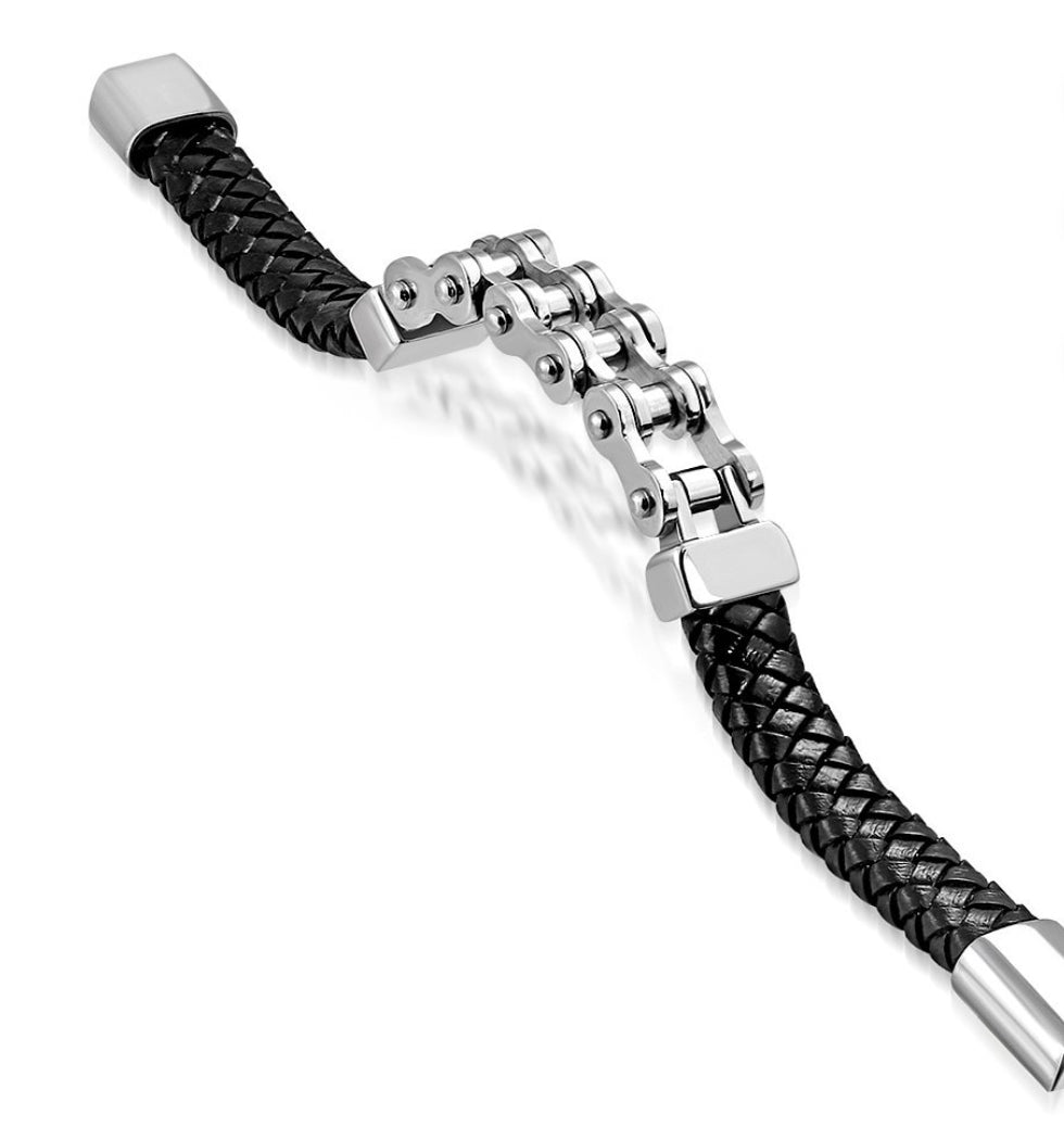 Black braided leather bracelet with silver chain and clasp.