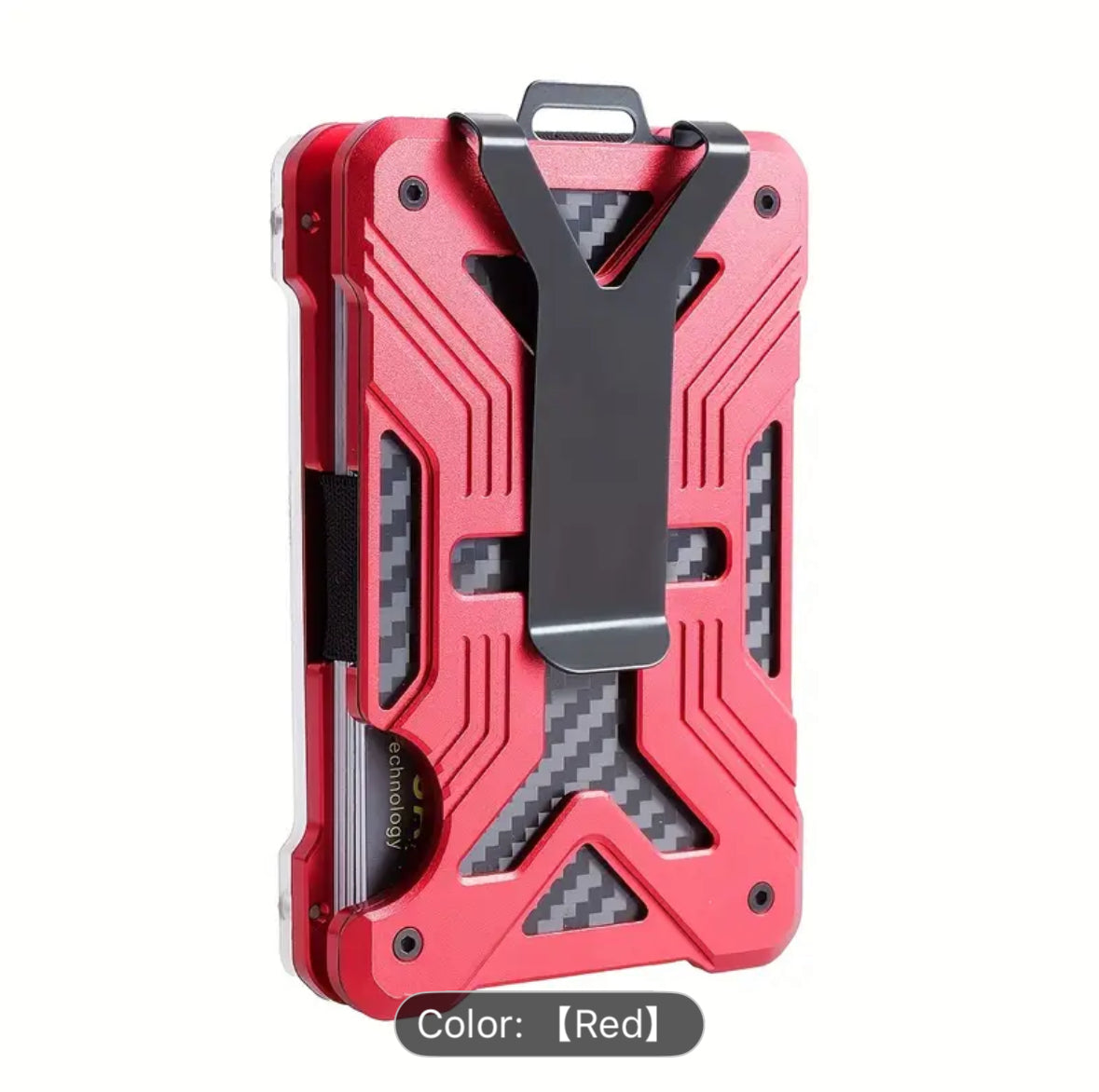 Red rugged phone case with black kickstand and carbon fiber accents.