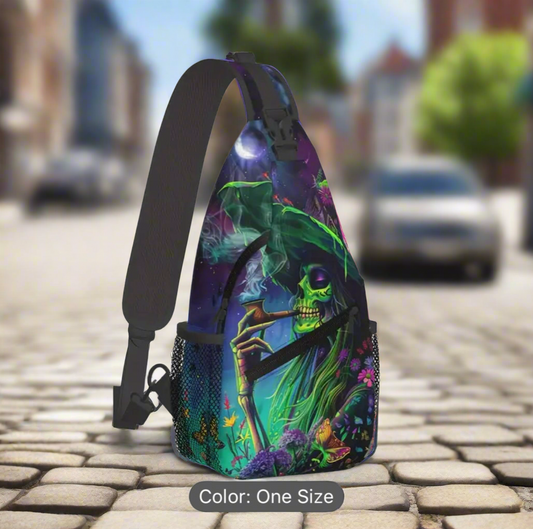 Colorful skull and butterfly design on a sling bag.
