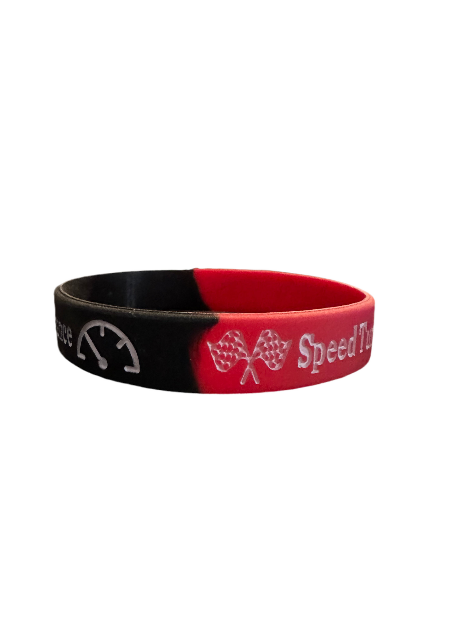Red and black wristband with racing flags and Speed Time text.