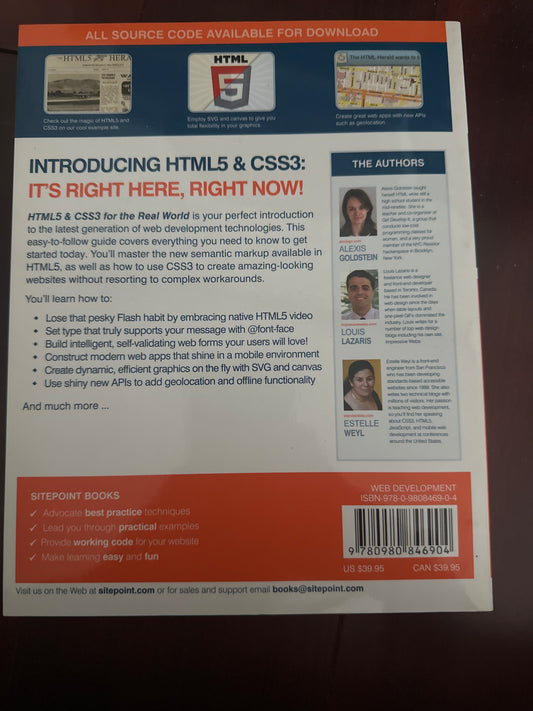 Back cover of HTML5  CSS3 for the Real World book by SitePoint.